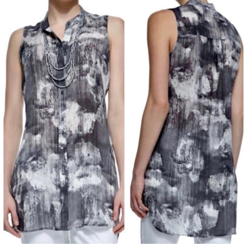 EILEEN FISHER Women's Silk Ink Blot Crinkle Button Up Tunic Top - M
